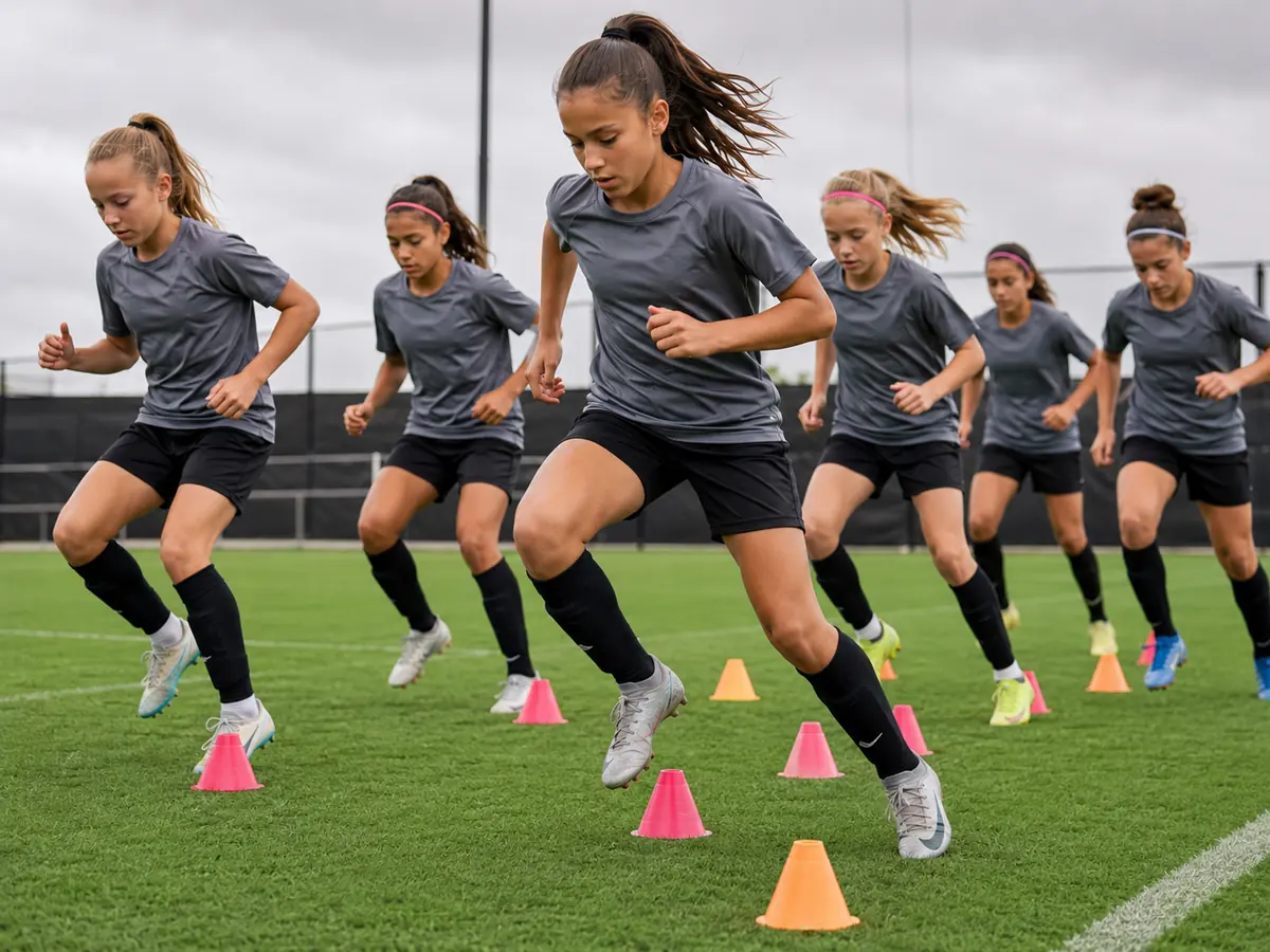Small group of girls running through cone agility training on a soccer field